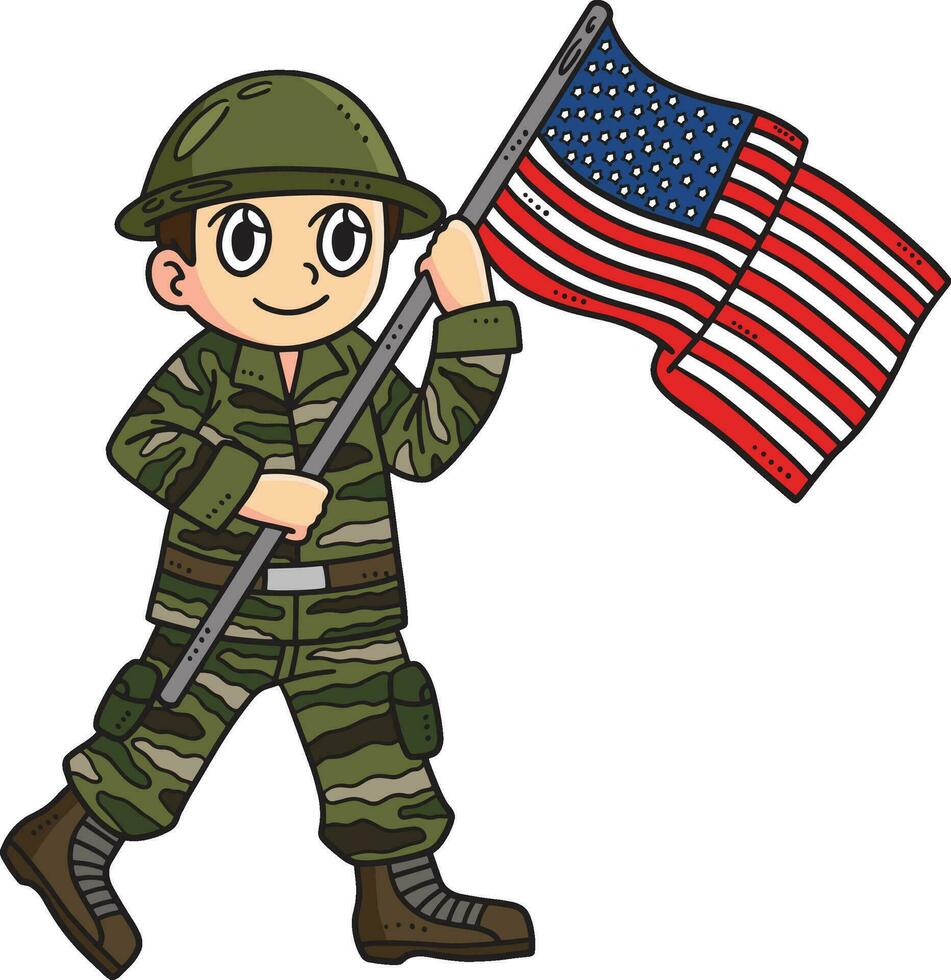 soldaat Holding vlag tekenfilm gekleurde clip art vector