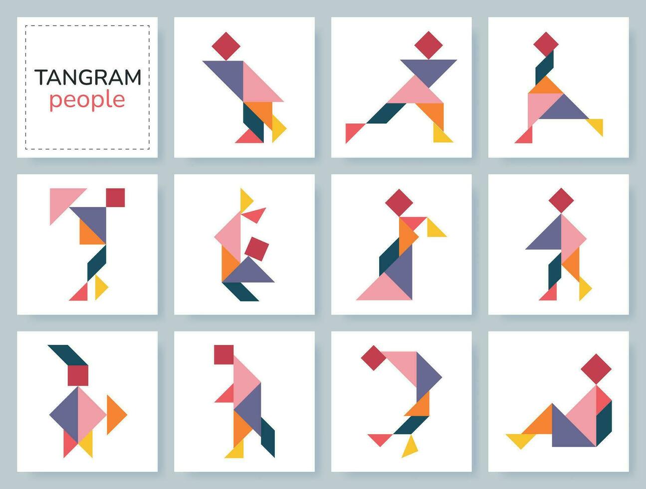 tangram puzzel spel voor kinderen. kleurrijk meetkundig verzameling met geïsoleerd mensen in divers poseert. geïsoleerd tangram mensen pictogrammen Aan wit achtergrond. vector illustratie