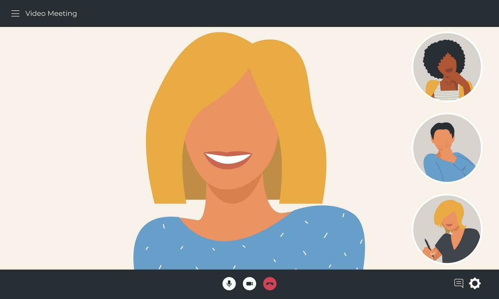 gebruiker scherm delen, video conferentie, video ontmoeting. mensen studie, voldoen aan, bespreken Bij een online ontmoeting, web conferentie. vector illustratie