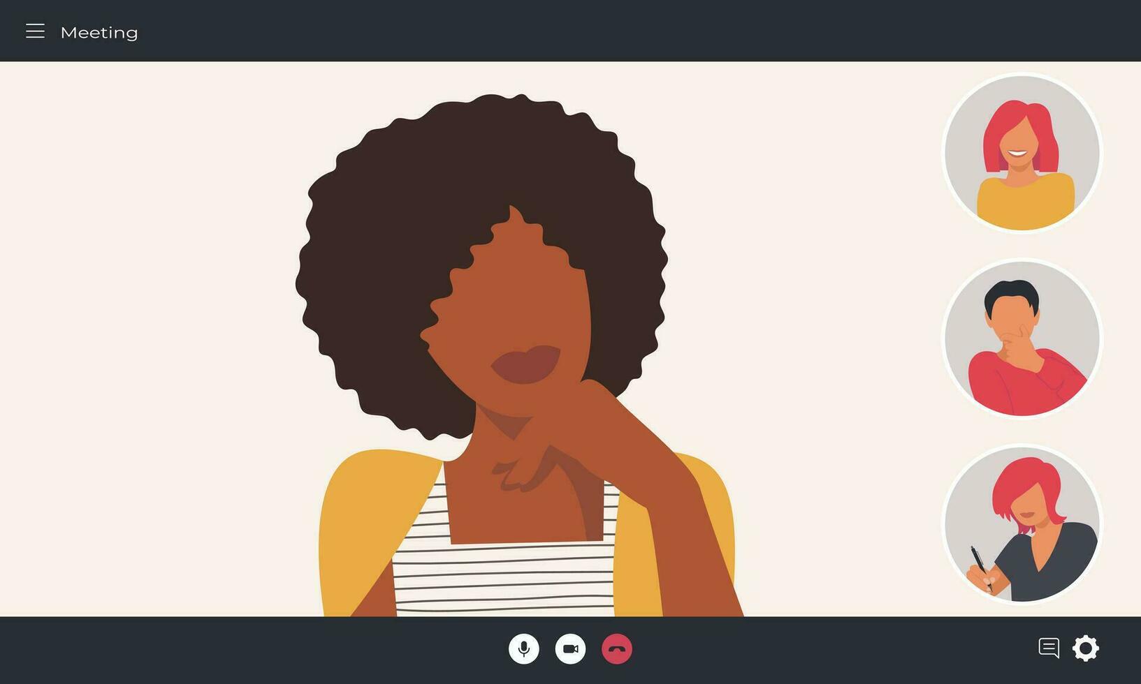 scherm demonstratie. zwart vrouw Aan video conferentie scherm met video vergadering deelnemers. mensen Bij een online ontmoeting, web conferentie, opleiding. vector illustratie