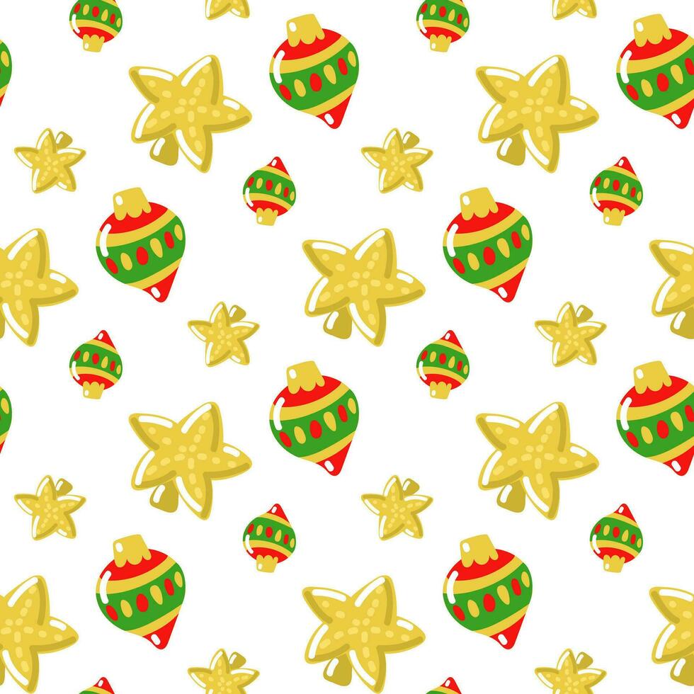 tekenfilm Kerstmis decoraties en speelgoed naadloos patroon. winter vakantie Kerstmis boom decoraties vector illustratie van eindeloos ontwerp. achtergrond van Kerstmis vakantie. Kerstmis boom speelgoed, ster
