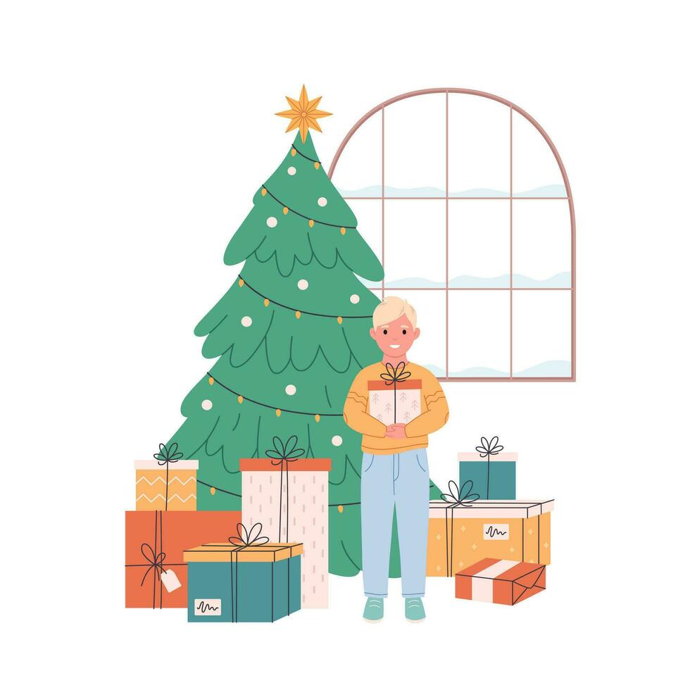 weinig jongen staand met geschenk dozen in de buurt Kerstmis boom en vieren Kerstmis of nieuw jaar. vector