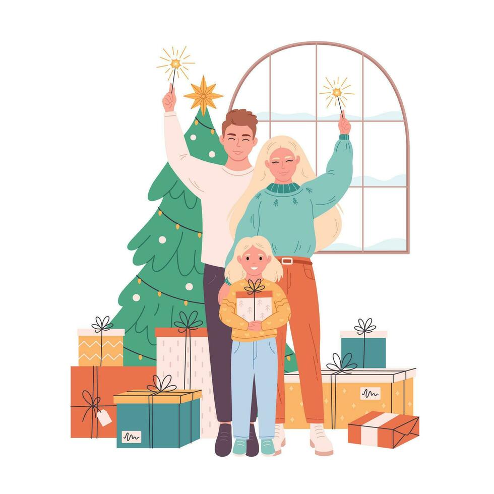 familie met kind vieren Kerstmis of nieuw jaar. Kerstmis boom met presenteert. vector