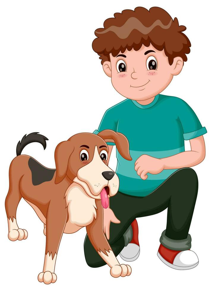 schattig gelukkig jongen en hond. vector illustratie