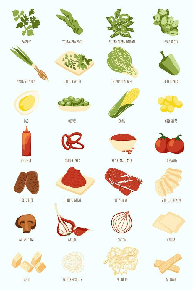 hand- getrokken wijnoogst poster van Koken ingrediënten of boodschappen soort door kleur. belegd broodje salade noedels soep gevoelens elementen en componenten voor recept ontwerp. voedsel schetsen set. vector illustratie.