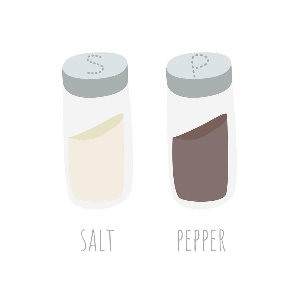 reeks van zout en peper transparant glas schudders met geperforeerd metaal kap. geïsoleerd Aan een wit achtergrond, deze keuken essentials toevoegen smaak en stijl naar uw culinaire ontwerpen. vector illustratie.