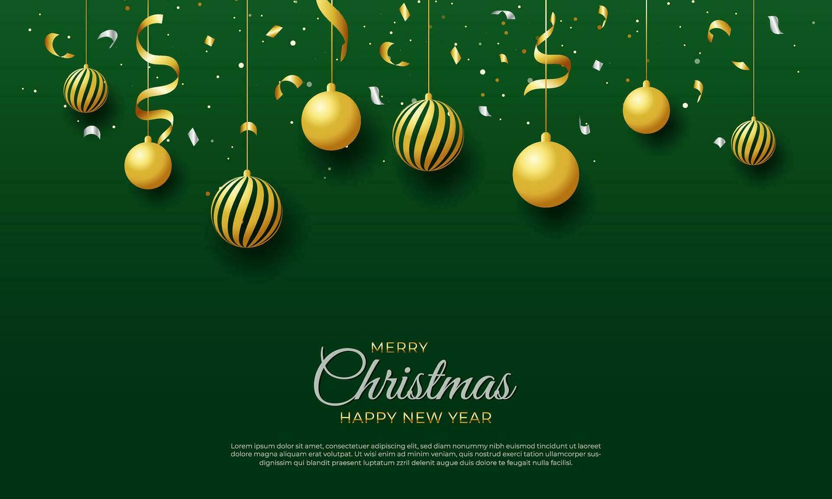 vrolijk Kerstmis en gelukkig nieuw jaar poster of banier ontwerp met confetti en ballen Aan gren donker achtergrond vector