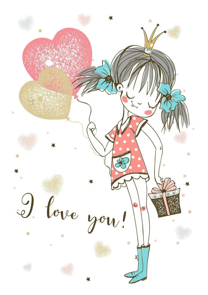 een Valentijnsdag dag kaart. schattig meisje met ballon harten. vector