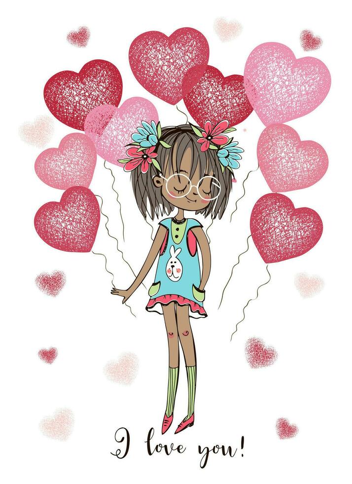 een Valentijnsdag dag kaart. schattig meisje met ballonnen in de het formulier van harten. vector. vector