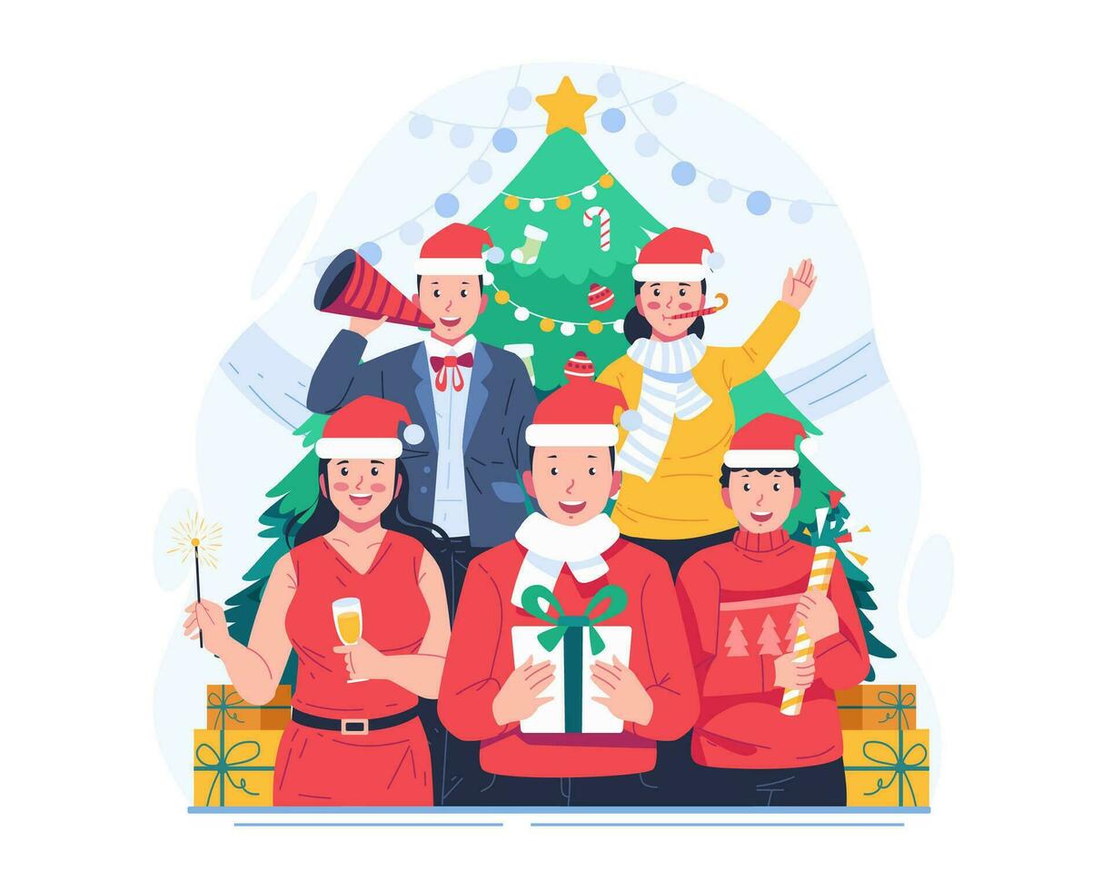 mensen in winter vakantie outfits staan samen door de Kerstmis boom met elk Holding een geschenk, trompet, Champagne, sterretjes, en voetzoeker. Kerstmis partij en nieuw jaar viering vector