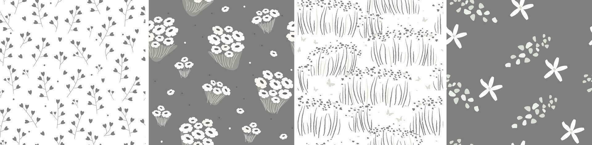 een reeks van naadloos patronen met abstract bloemen, boeketten, bladeren, takken. zomer monochroom natuurlijk afdrukken. vector grafiek.