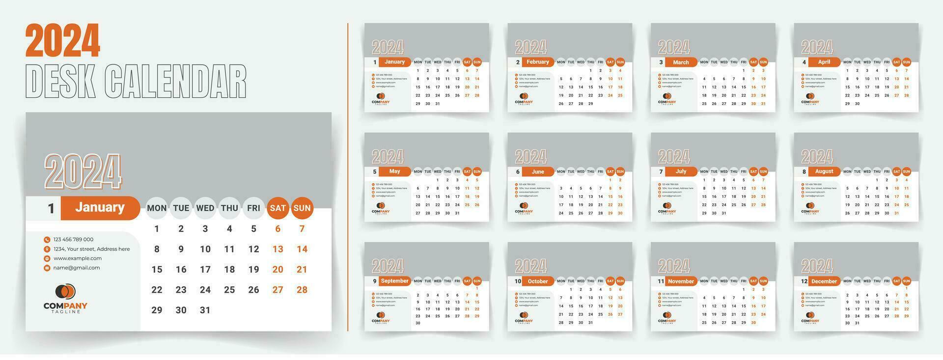 bureau kalender 2024 sjabloon ontwerp, maandelijks kalender, tafel kalender, kantoor kalender 2024. met bewerkbare elementen. vector