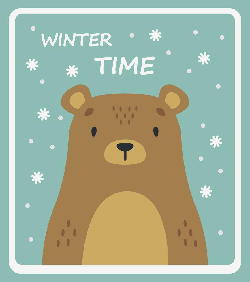 schattig bruin beer Aan een besneeuwd achtergrond. tekenfilm winter poster. vector ansichtkaart.