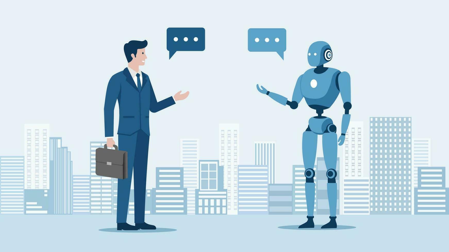 kunstmatig intelligentie- en ai technologieën bijstand concept, zakenman pratend naar android modern robot maken Onderzoek bedrijf plan, mens gebruik makend van chatbots genereert afbeelding,artikelen,afbeelding,programma. vector