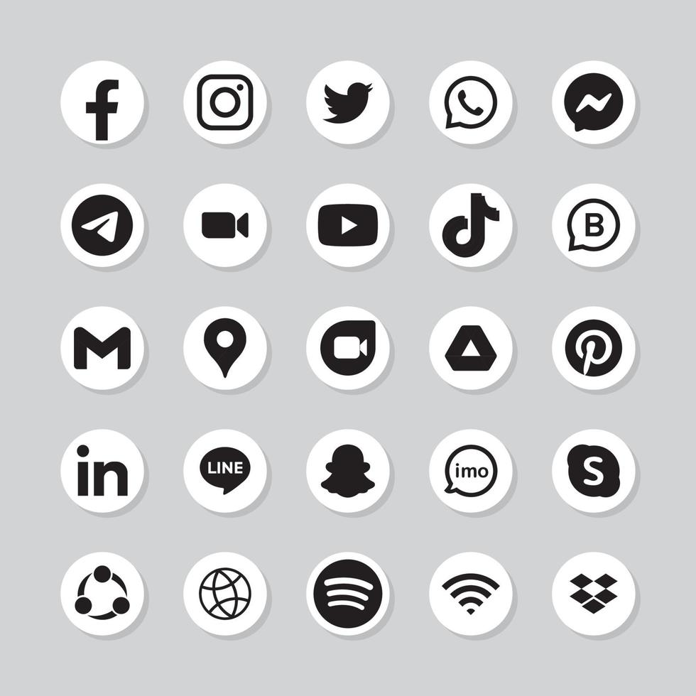 set van social media-logo in witte ronde achtergrond vector