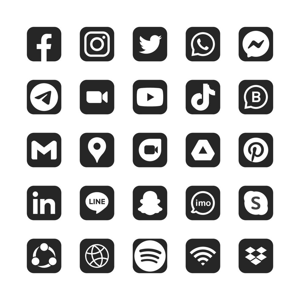 set van zwart-wit social media-logo op vierkante zwarte achtergrond vector