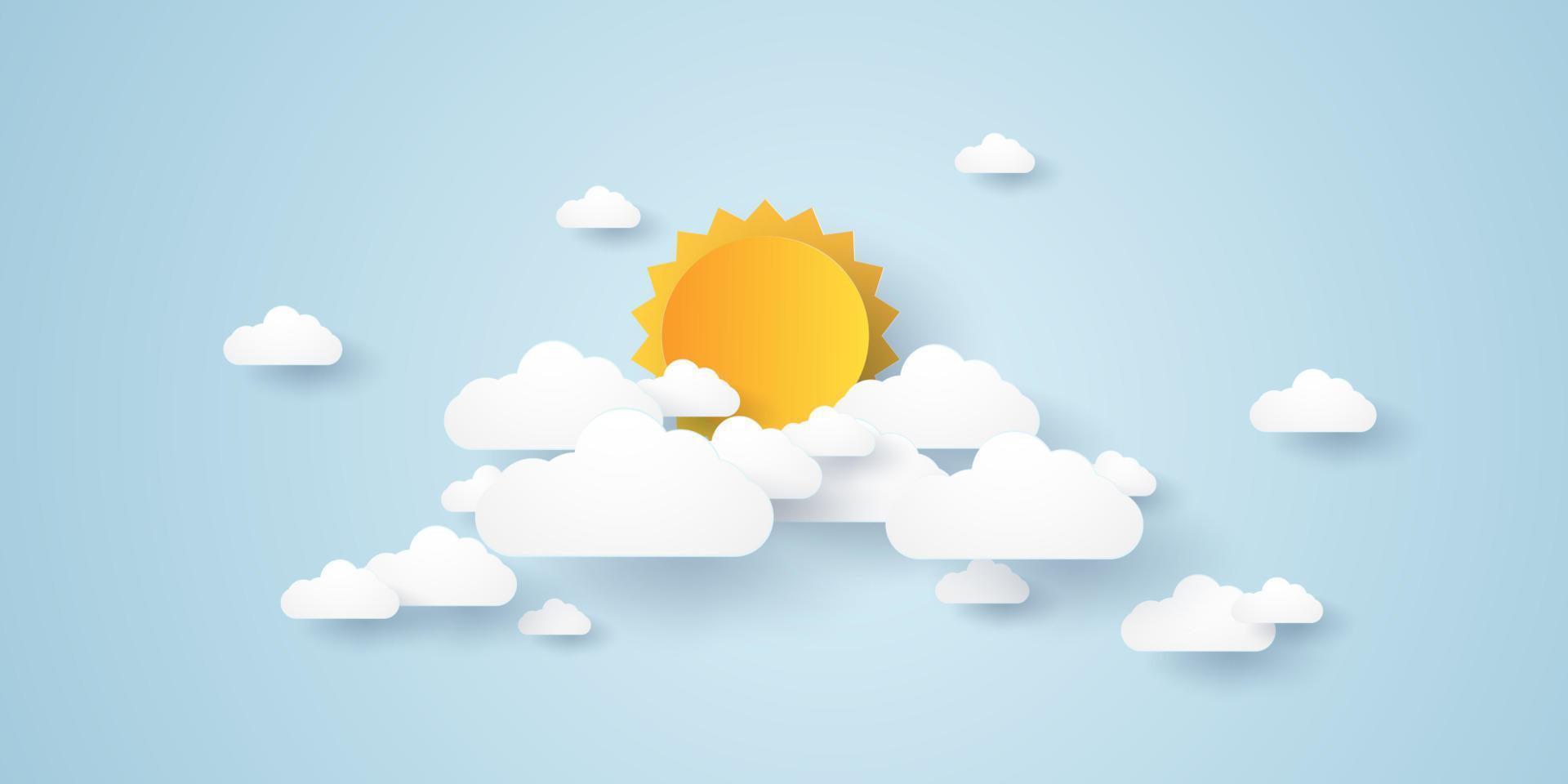 cloudscape, blauwe lucht met wolk en zon, papierkunststijl vector