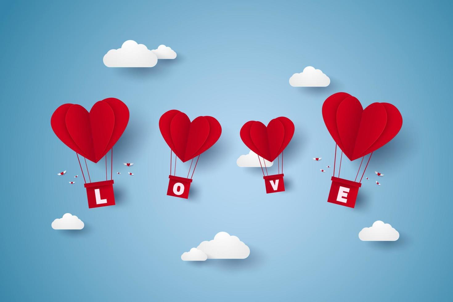 Valentijnsdag, illustratie van liefde, rood hart luchtballonnen met belettering vliegen op lucht, papier kunststijl vector