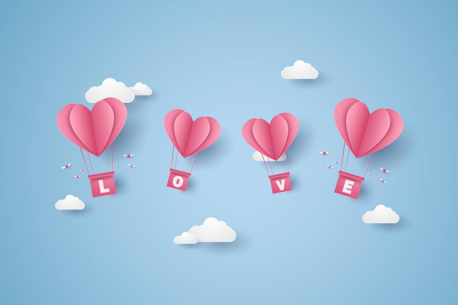 Valentijnsdag, illustratie van liefde, roze hart heteluchtballonnen vliegen in de blauwe lucht, papier kunststijl vector