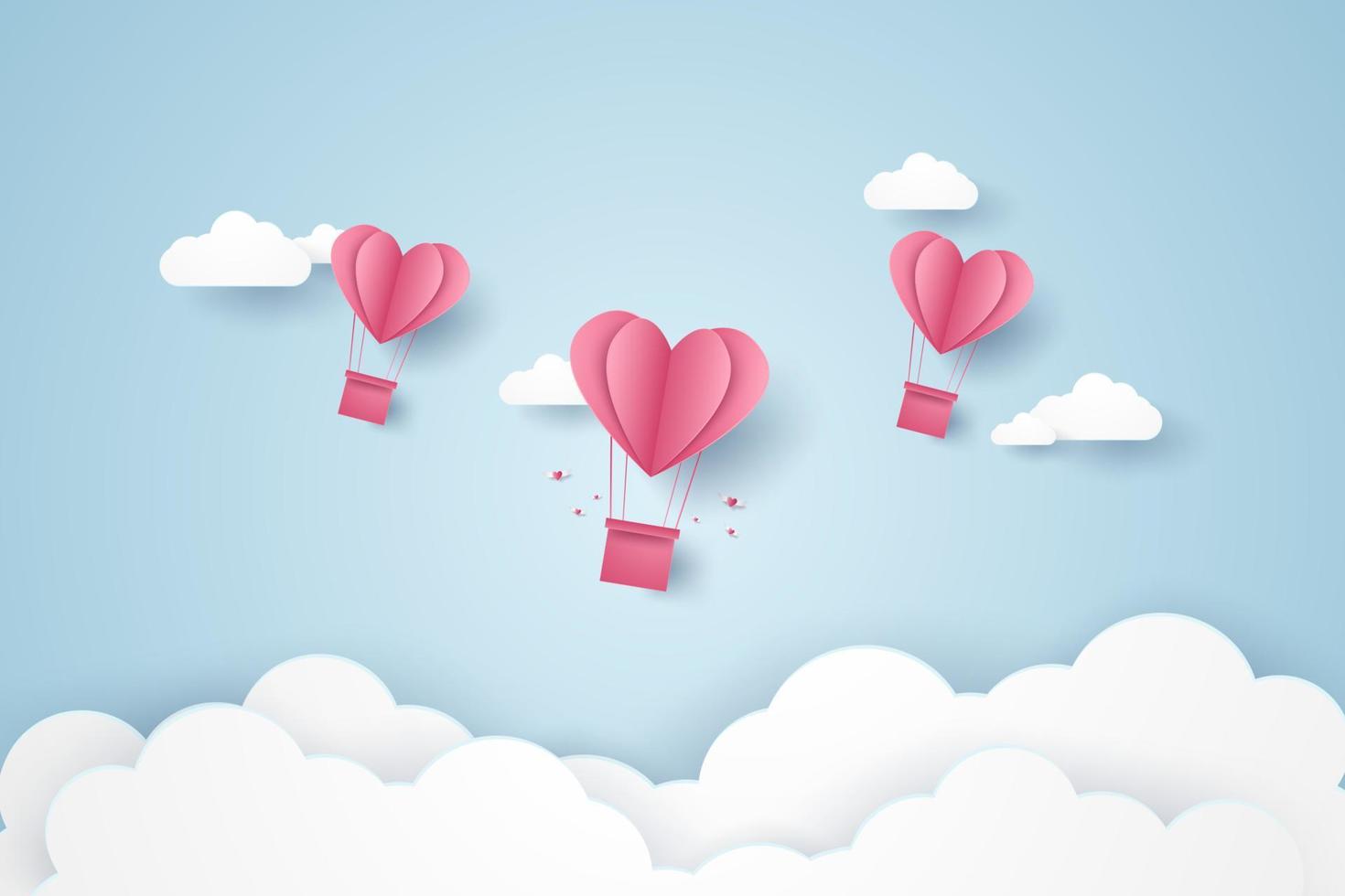 Valentijnsdag, illustratie van liefde, roze hart heteluchtballonnen vliegen in de blauwe lucht, papier kunststijl vector