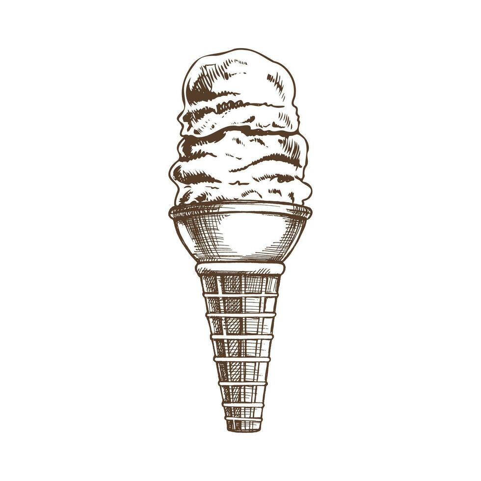 een hand getekend schetsen van een wafel ijshoorntje met multi - gelaagde bevroren yoghurt of zacht ijs room. wijnoogst illustratie. element voor de ontwerp van etiketten, verpakking en ansichtkaarten. vector