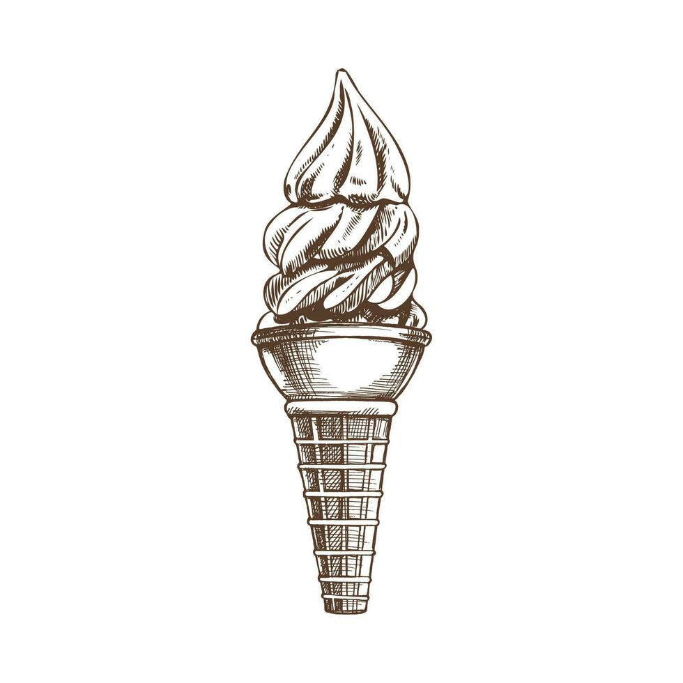 een hand getekend schetsen van een wafel ijshoorntje met multi - gelaagde bevroren yoghurt of zacht ijs room. wijnoogst illustratie. element voor de ontwerp van etiketten, verpakking en ansichtkaarten. vector