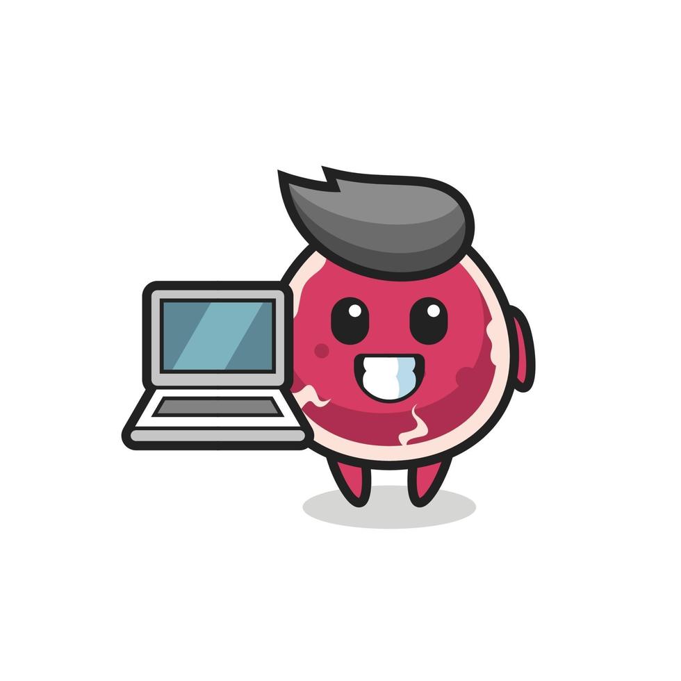 mascotte illustratie van rundvlees met een laptop vector