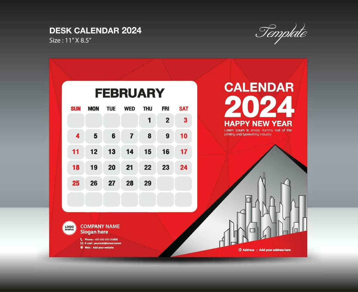 februari 2024 sjabloon- bureau kalender 2024 jaar sjabloon, muur kalender 2023 jaar, week begint zondag, ontwerper ontwerp, schrijfbehoeften ontwerp, folder ontwerp, het drukken media, rood veelhoek backgrund vector