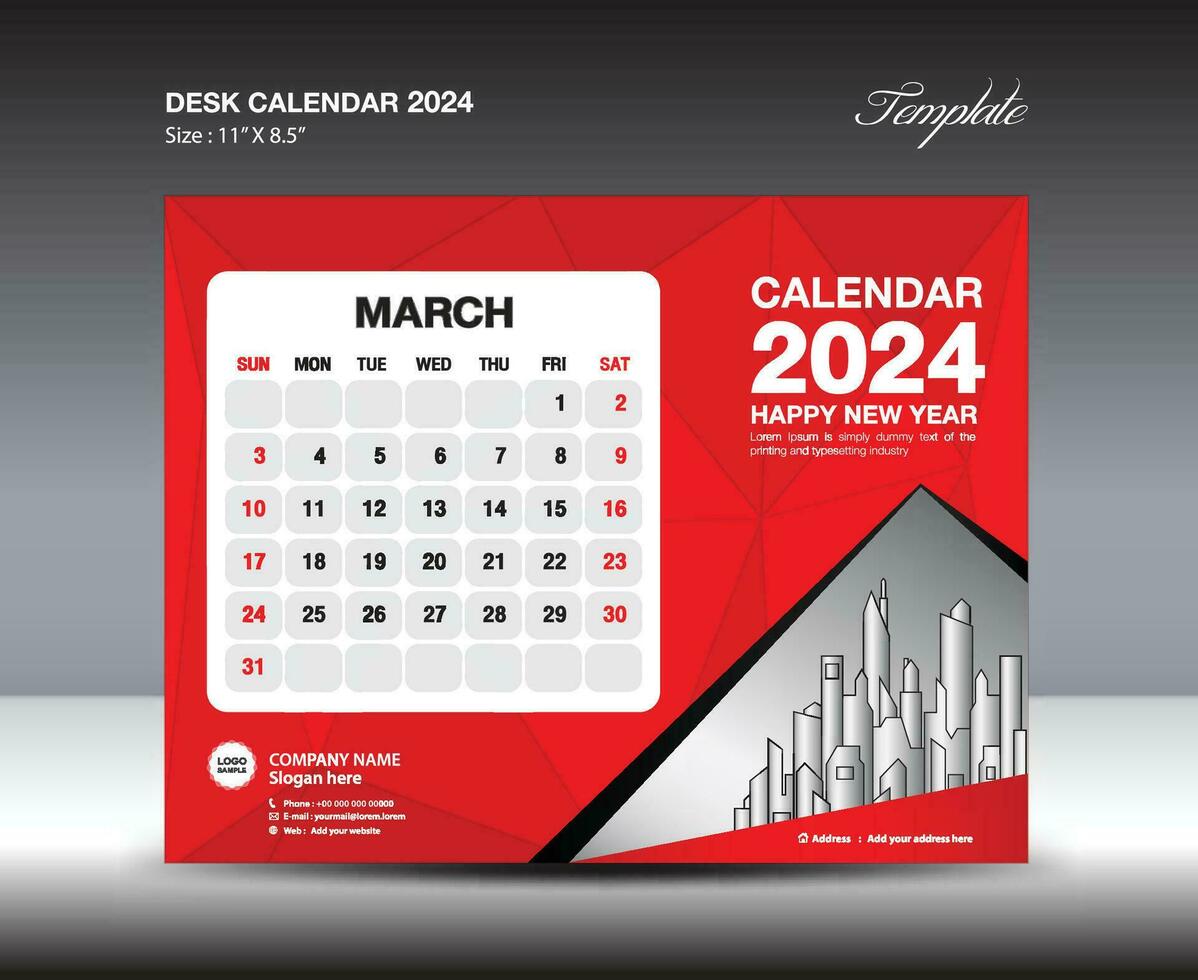 maart 2024 sjabloon- bureau kalender 2024 jaar sjabloon, muur kalender 2023 jaar, week begint zondag, ontwerper ontwerp, schrijfbehoeften ontwerp, folder ontwerp, het drukken media, rood veelhoek backgrund vector