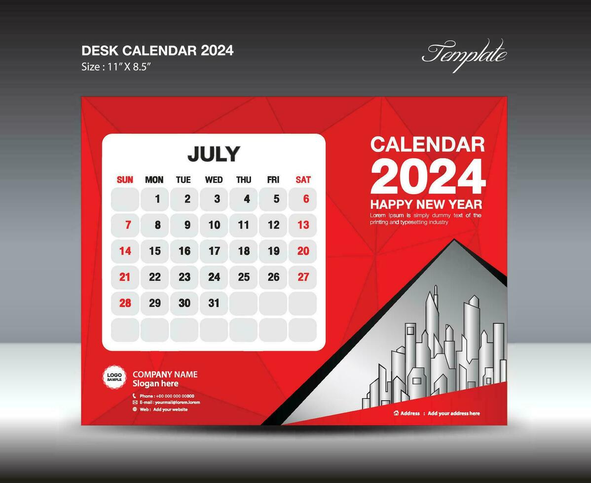 juli 2024 sjabloon- bureau kalender 2024 jaar sjabloon, muur kalender 2023 jaar, week begint zondag, ontwerper ontwerp, schrijfbehoeften ontwerp, folder ontwerp, het drukken media, rood veelhoek backgrund vector