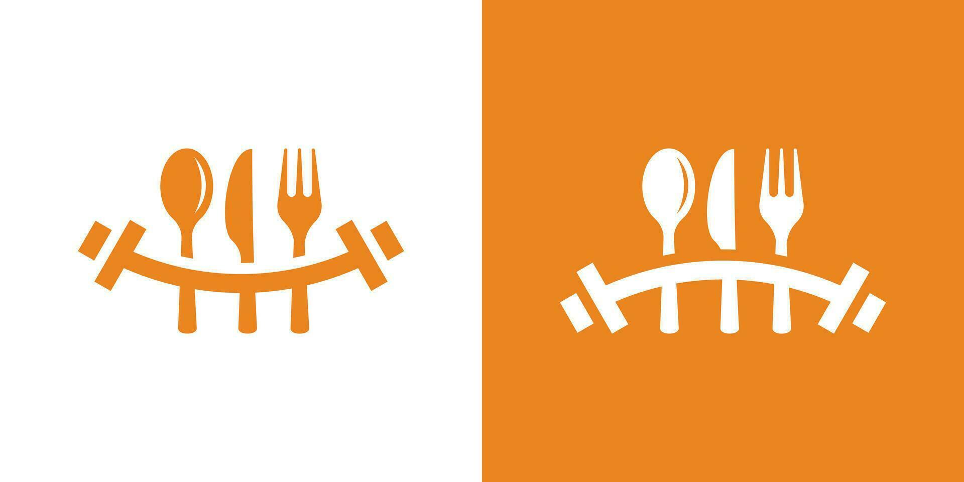 logo ontwerp combineren de vorm van een geschiktheid barbell met aan het eten apparatuur. geschiktheid voedsel. vector