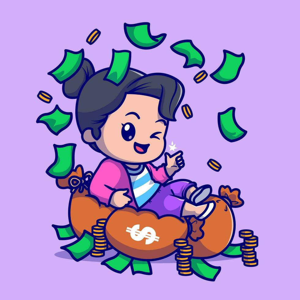 schattig rijk meisje met geld tekenfilm vector icoon illustratie. mensen financiën icoon concept geïsoleerd premie vector. vlak tekenfilm stijl