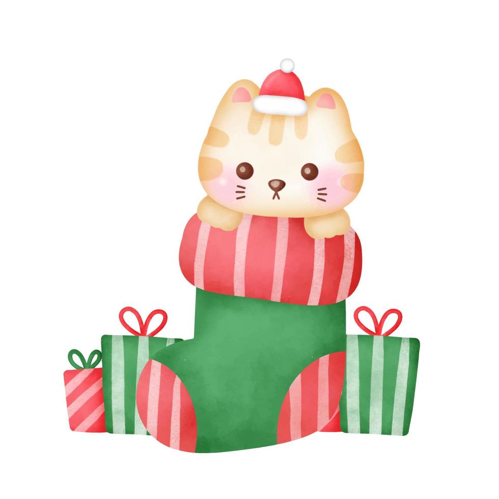 kerstwenskaart met schattige kat in aquarelstijl. vector