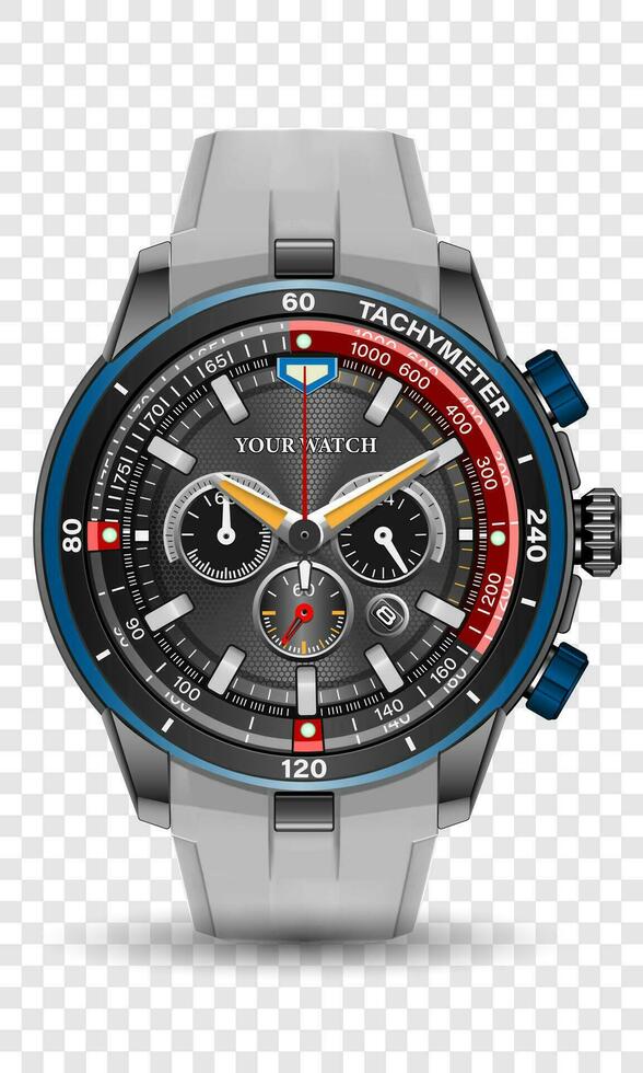 realistisch kijk maar klok chronograaf zwart staal leer band donker grijs blauw rood geel pijl Aan geruit ontwerp klassiek luxe vector