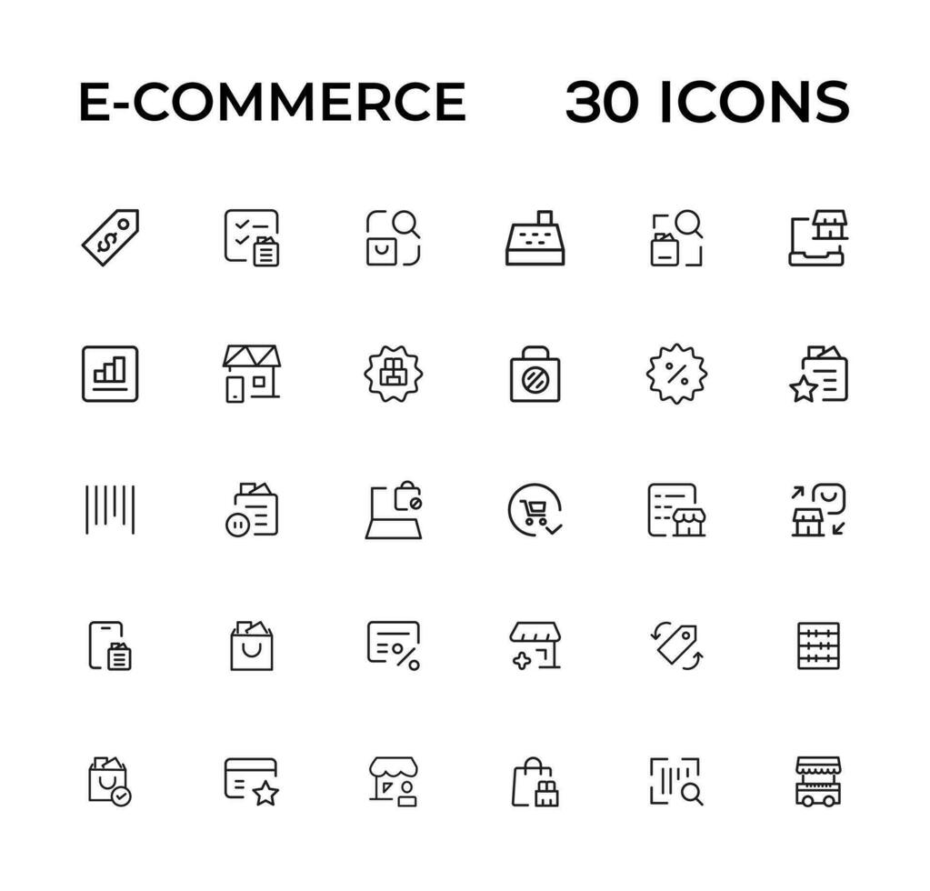 e-commerce, online boodschappen doen en levering elementen - minimaal dun lijn web icoon set. schets pictogrammen verzameling. gemakkelijk vector illustratie.