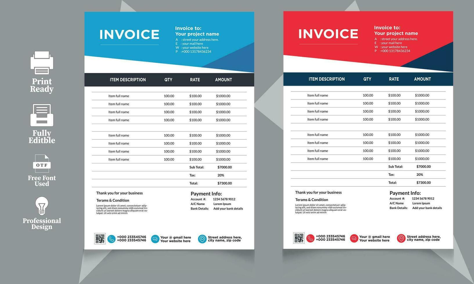 bedrijf factuur het formulier sjabloon. facturering citaten, geld rekeningen of prijs facturen en betaling overeenkomst ontwerp Sjablonen. belasting het formulier, Bill grafisch of betaling bon bladzijde vector reeks