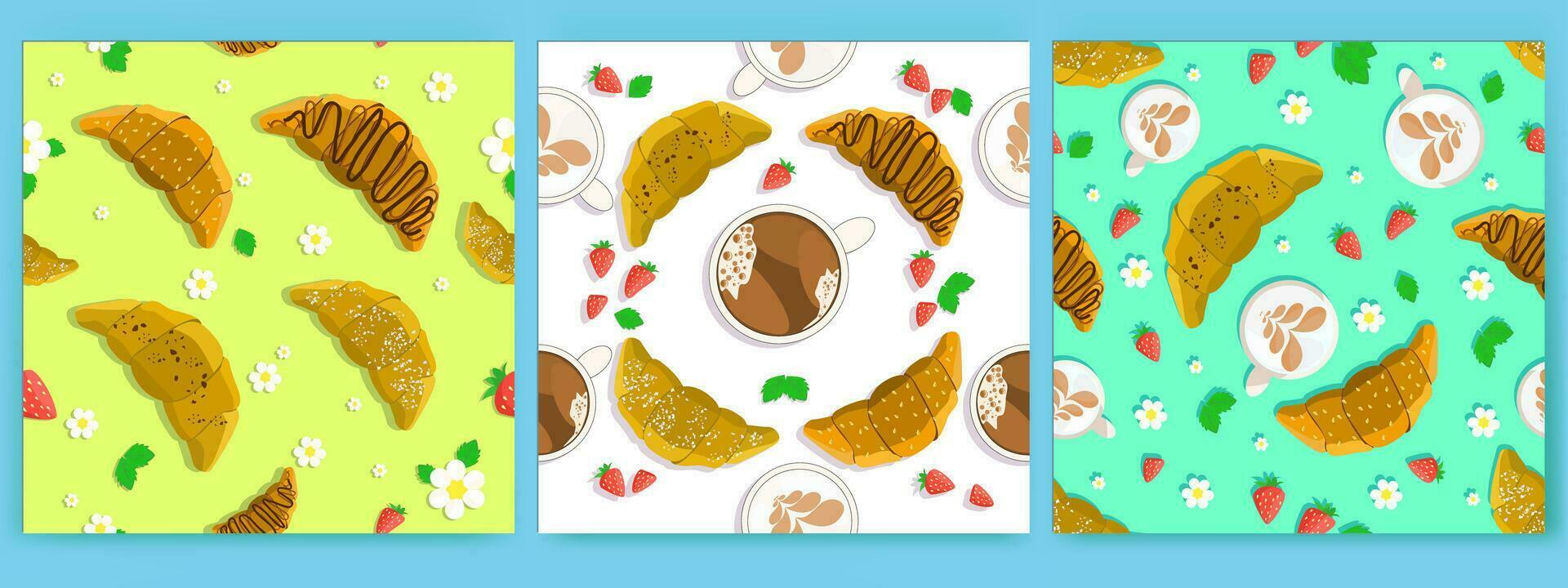 vector reeks naadloos patroon kop koffie, croissant en aardbei wit bloemen Aan wit, geel en groen achtergrond. illustratie voor afdrukken, textiel of behang.
