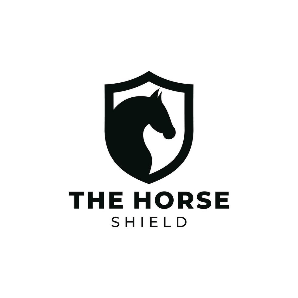 silhouet van een paard hoofd binnen de schild. de paard hoofd met de ontwerp binnen de schild symboliseert de logo van veerkracht en sterkte vector