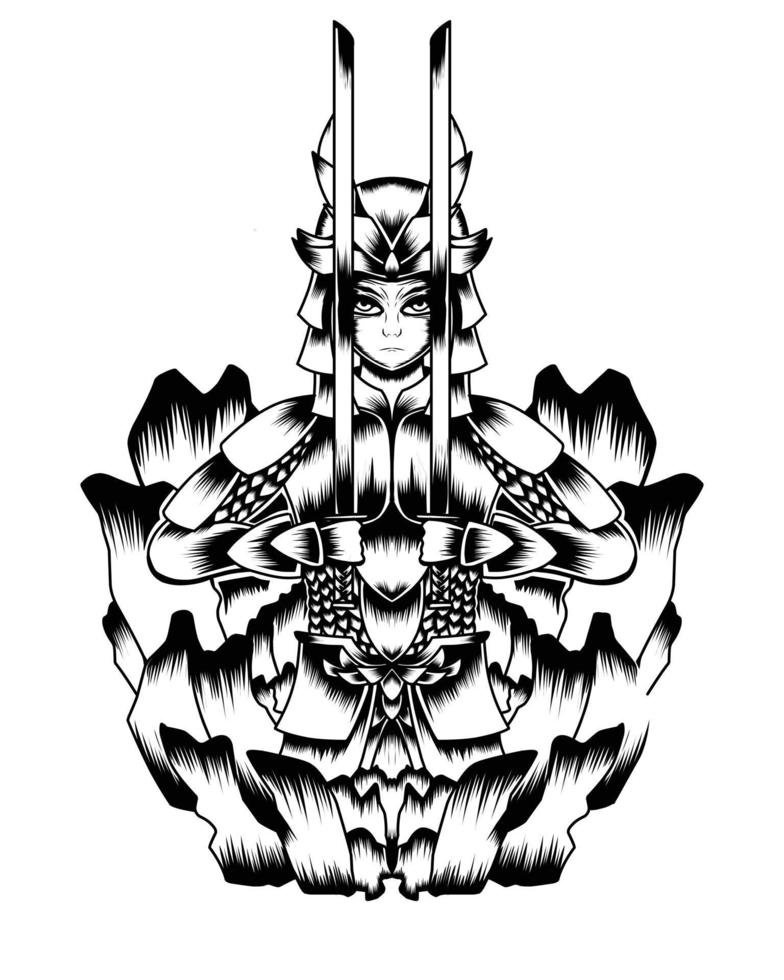 zwart-wit kunstwerk illustratie van woede ondode samoerai vector.eps vector