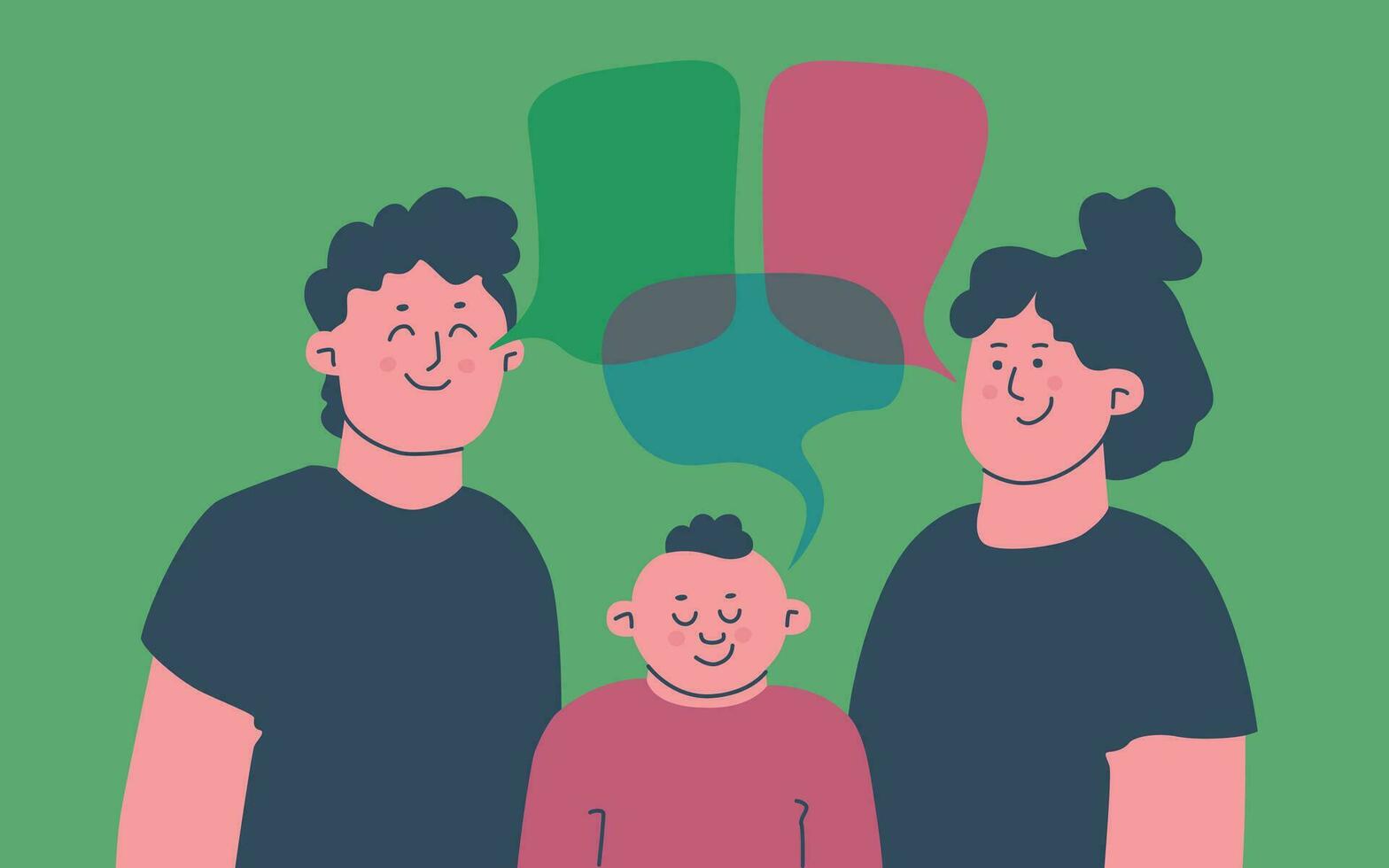 gelukkig familie praten. vader, moeder en zoon met dialoog bubbels bovenstaand hen. vector geïsoleerd minimalistisch illustratie.