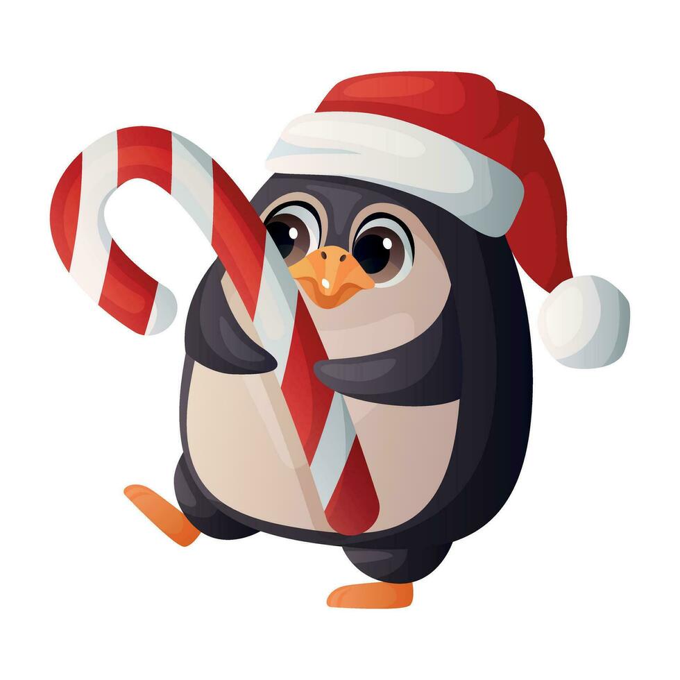 schattig vrolijk Kerstmis pinguïn Holding een zoet gestreept lolly. gelukkig pinguïns mascotte vieren nieuw jaar. vogel karakter voor Kerstmis groet geschenk label, kaart, ansichtkaart. winter is komt eraan, warm wensen vector