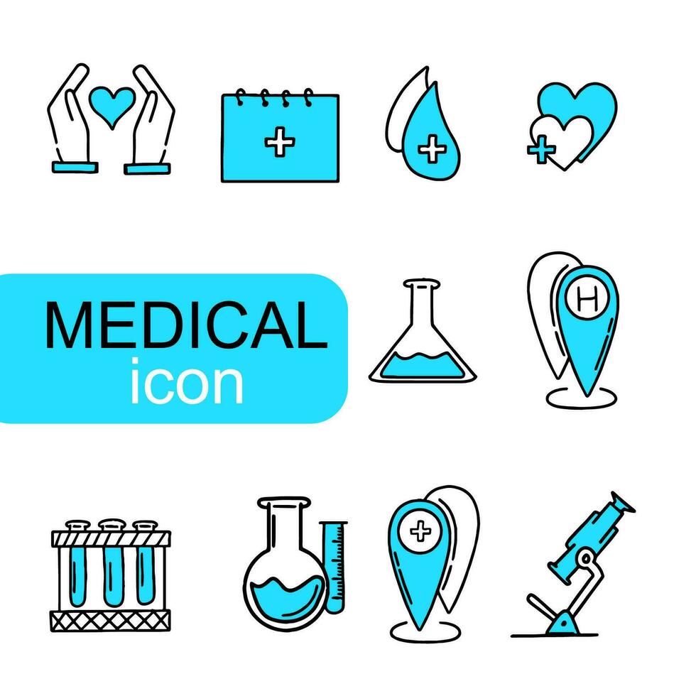 hand- getrokken medisch icoon lijnen met blauw kleur en wit achtergrond, in vlak ontwerp stijl vector