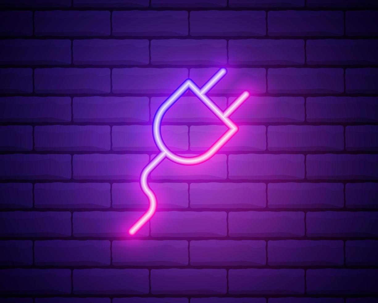 gloeiende neon elektrische stekker pictogram geïsoleerd op bakstenen muur achtergrond vector