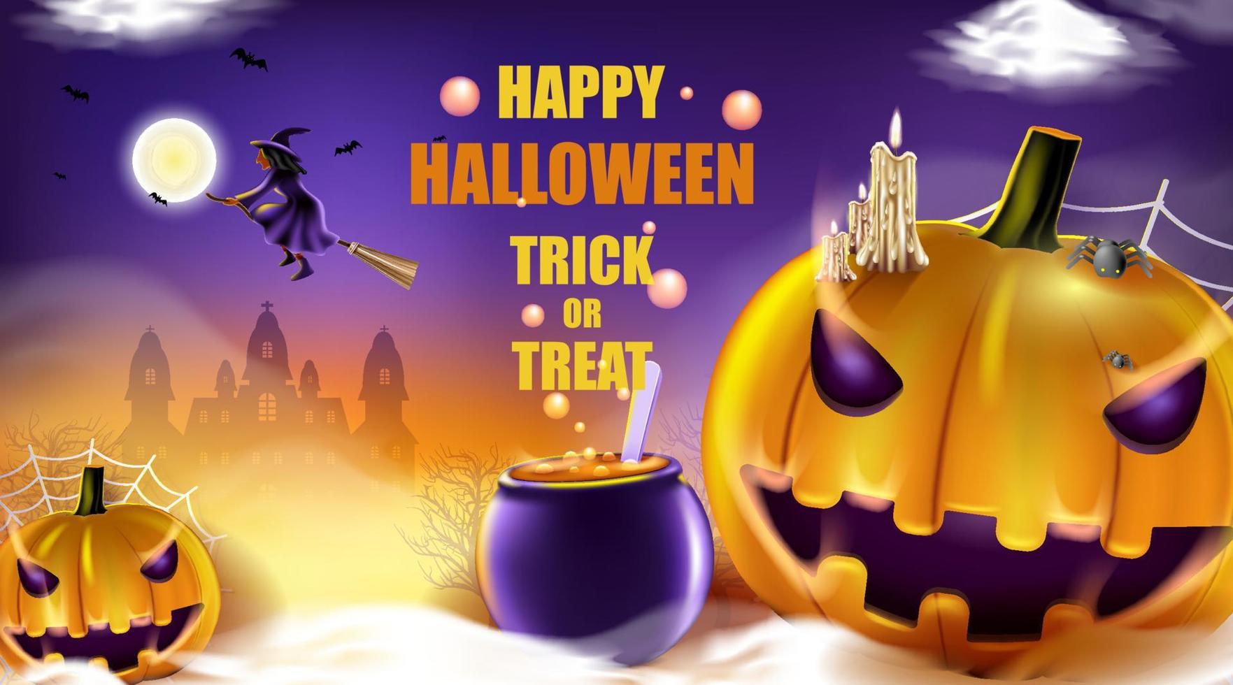 happy halloween-achtergrond met nachtwolk, heks en pompoen. vector
