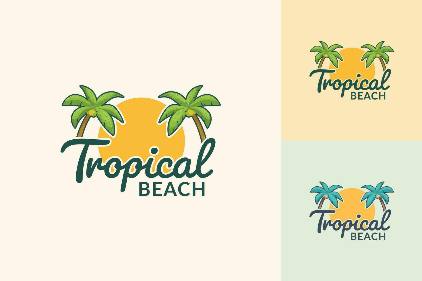 tropisch paradijs embleem met twee palm bomen en zonsondergang logo sjabloon vector illustratie