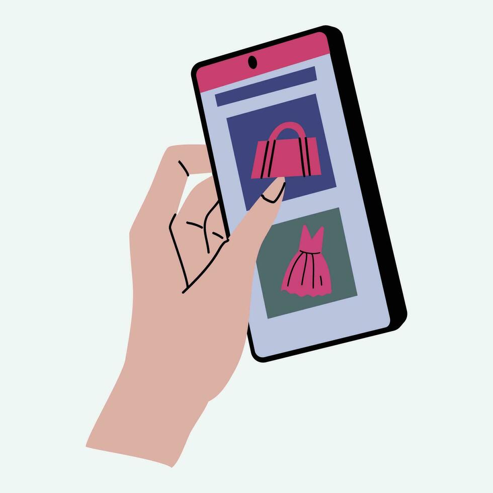 hand- Holding smartphone met een Aan de scherm. boodschappen doen kar. online boodschappen doen concept. vector illustratie.