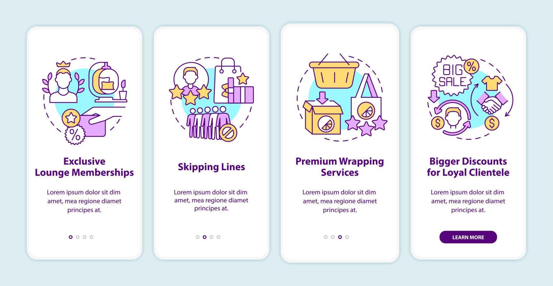 loyaliteitsprogramma voordelen onboarding mobiele app paginascherm vector