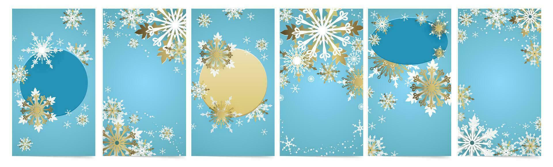 winter vakantie achtergronden voor sociaal media verhalen, berichten en verkoop Sjablonen. blauw Kerstmis banners met gouden sneeuwvlokken. vector