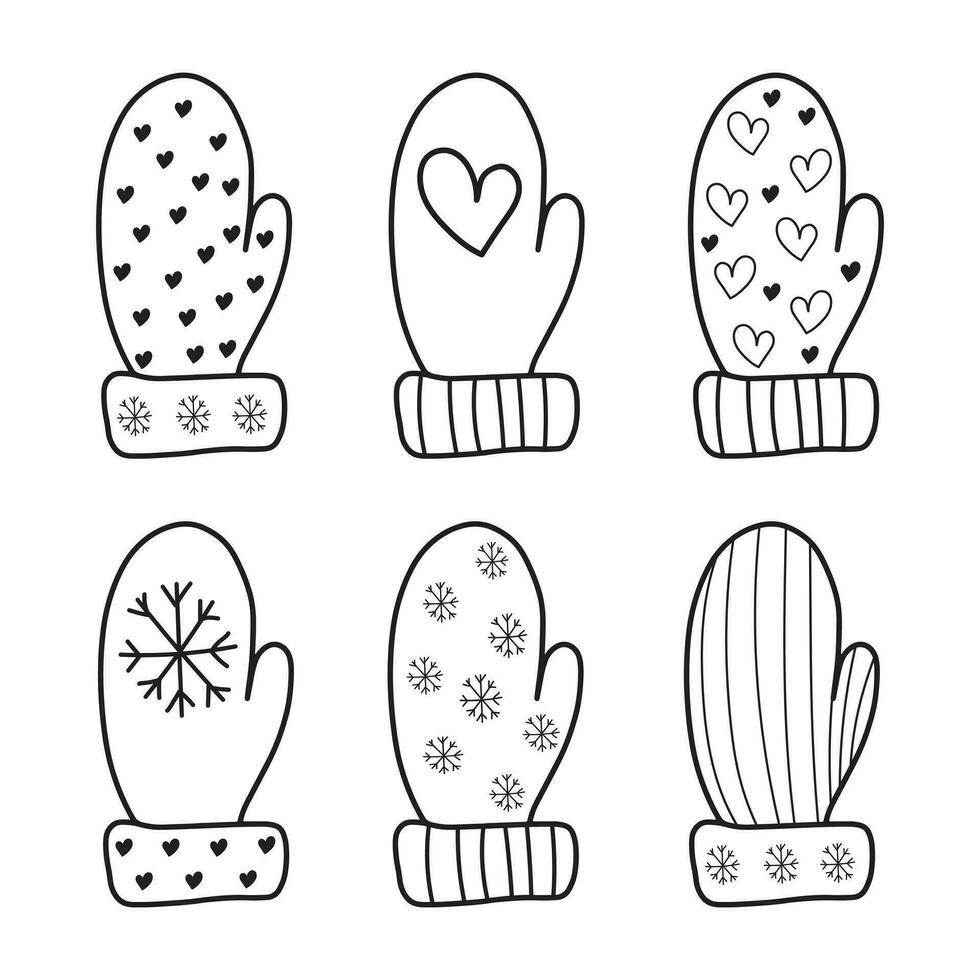 reeks van doodle-stijl wanten met een winter ornament voor decoratie, decor, kleuren, patroon, ansichtkaarten, banier vector