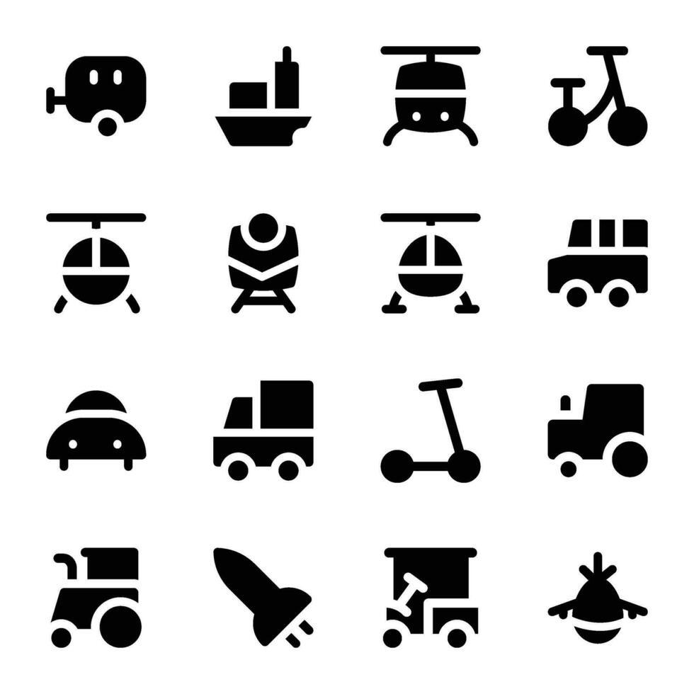 verzameling van vervoer en auto's stoutmoedig glyph pictogrammen vector